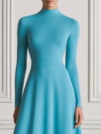 Turquoise Blue Mock Neck Pleated Fit-and-Flare Midi Dress