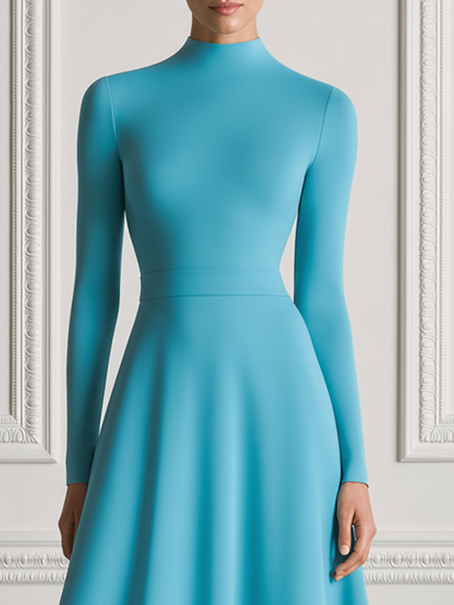 Turquoise Blue Mock Neck Pleated Fit-and-Flare Midi Dress