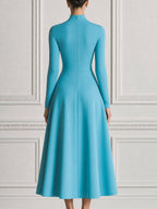 Turquoise Blue Mock Neck Pleated Fit-and-Flare Midi Dress