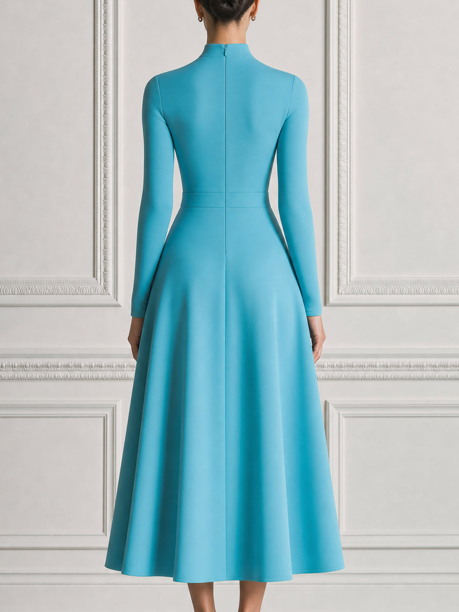 Turquoise Blue Mock Neck Pleated Fit-and-Flare Midi Dress