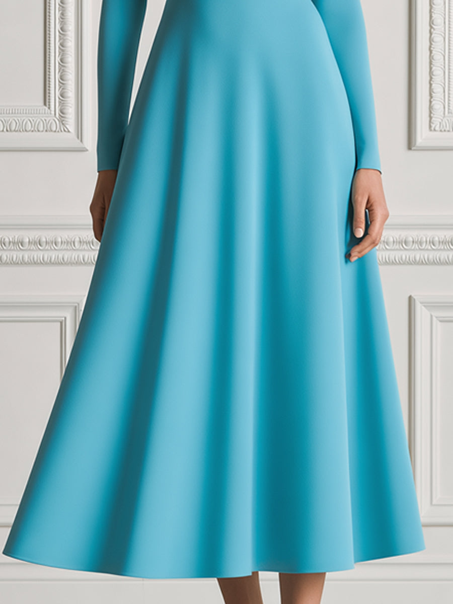 Turquoise Blue Mock Neck Pleated Fit-and-Flare Midi Dress