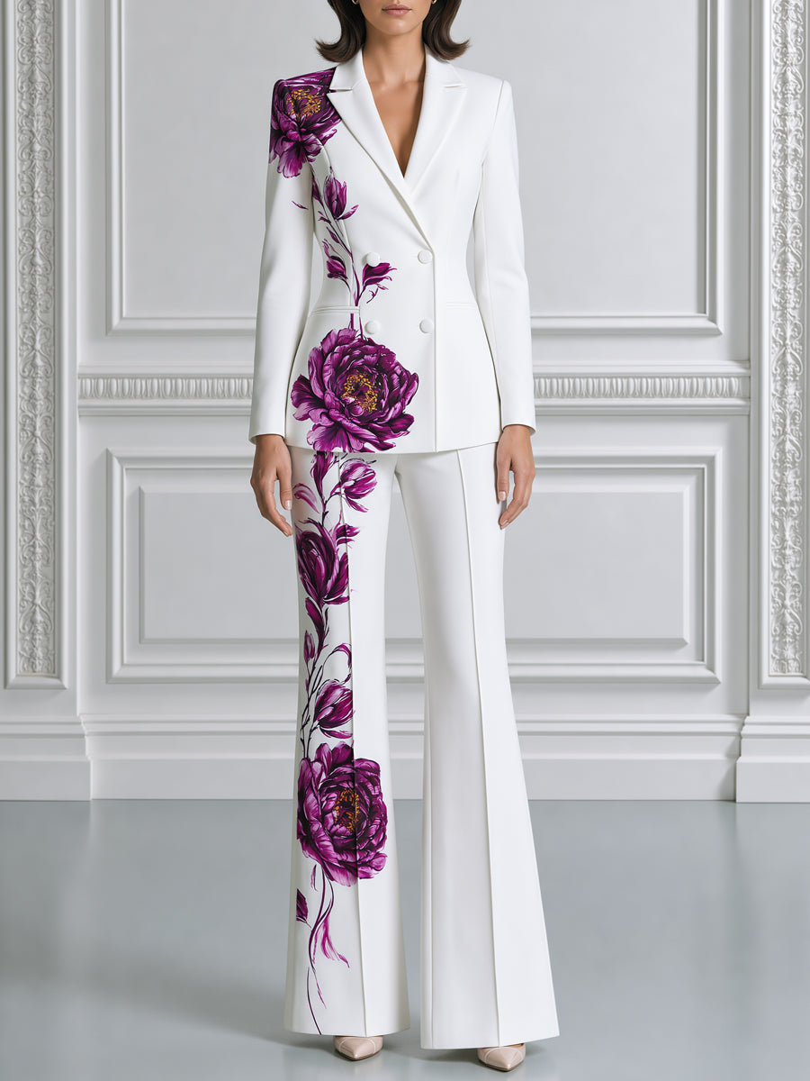 Floral Print Notched-Lapel Blazer & Flared Pants Suit Set