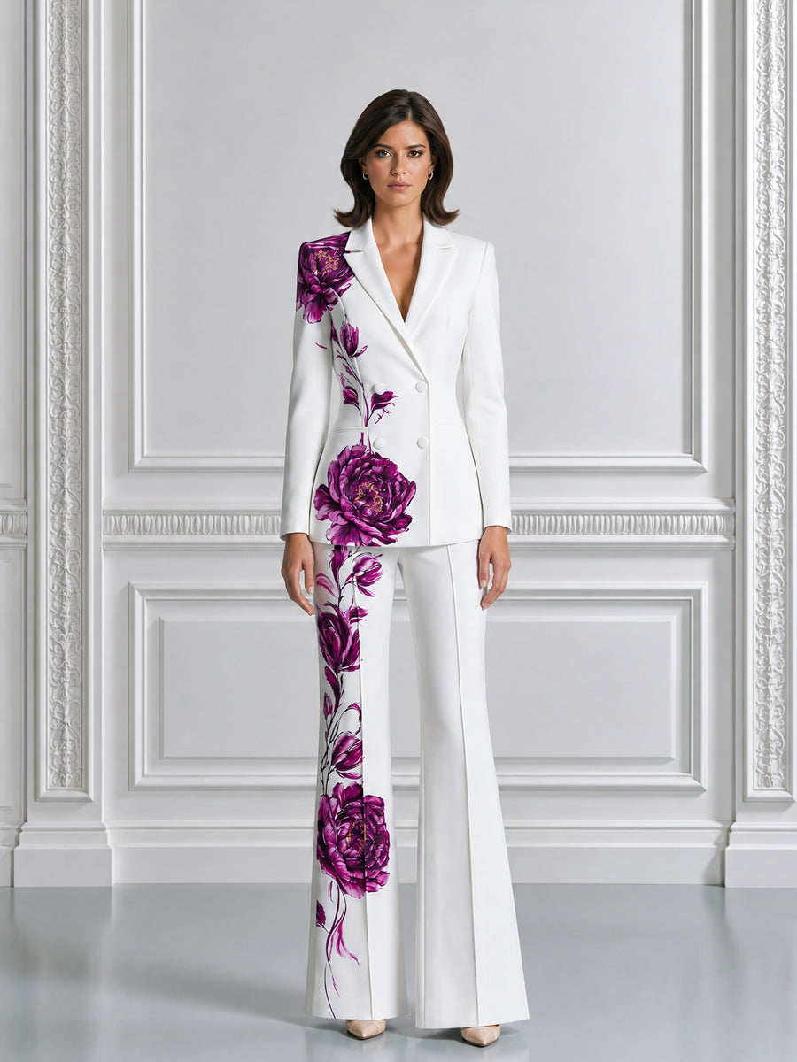 Floral Print Notched-Lapel Blazer & Flared Pants Suit Set