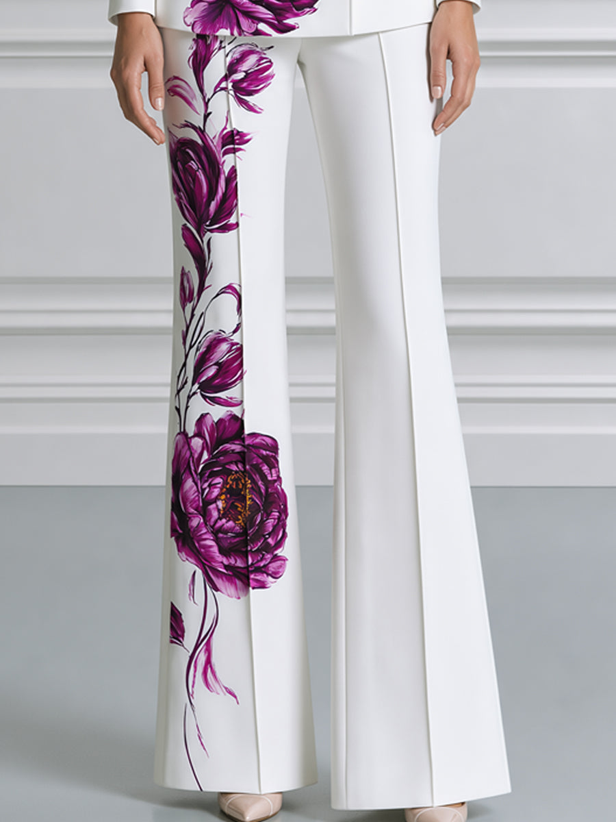 Floral Print Notched-Lapel Blazer & Flared Pants Suit Set
