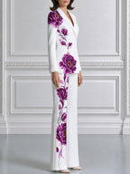 Floral Print Notched-Lapel Blazer & Flared Pants Suit Set