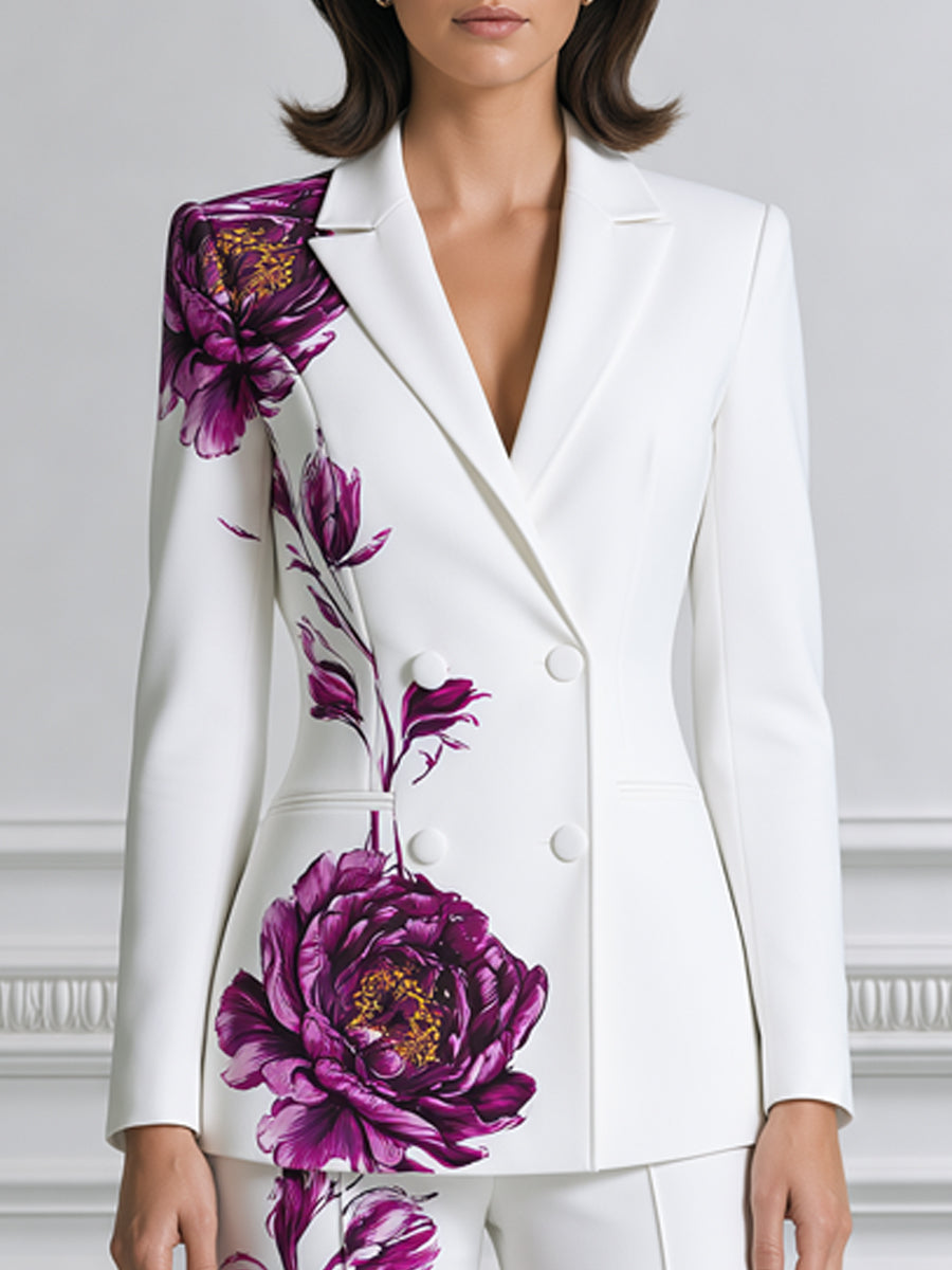 Floral Print Notched-Lapel Blazer & Flared Pants Suit Set