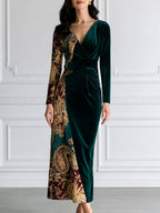 Baroque-Print Contrast Velvet Maxi Dress