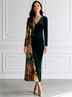 Baroque-Print Contrast Velvet Maxi Dress