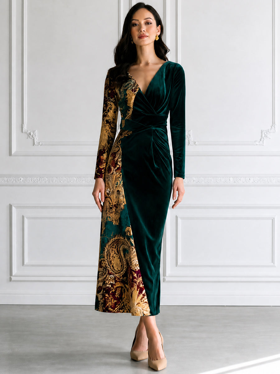 Baroque-Print Contrast Velvet Maxi Dress
