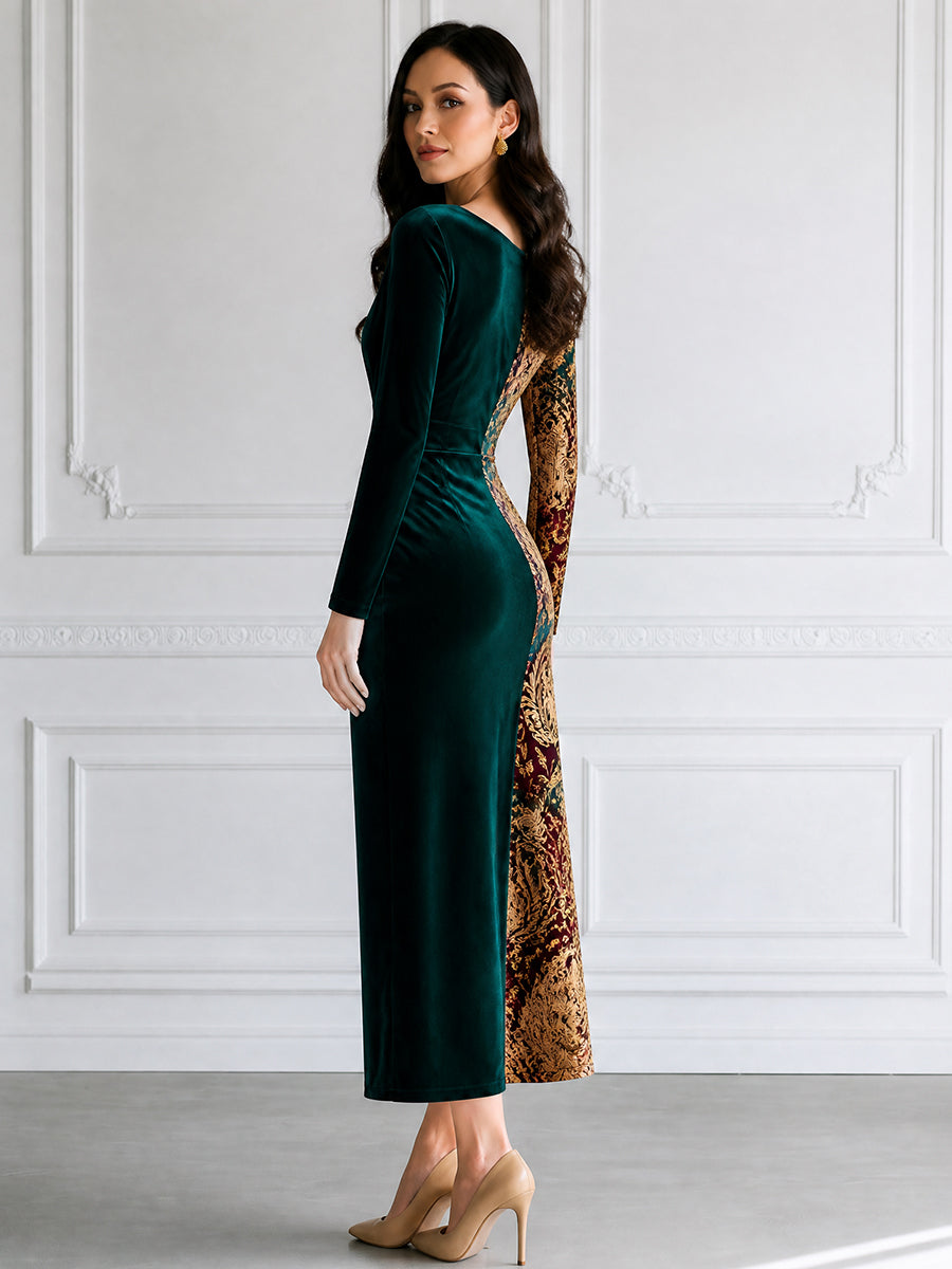 Baroque-Print Contrast Velvet Maxi Dress