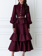 Vintage Plaid Belted Long Sleeve Maxi Dress with Tiered Ruffle Hem