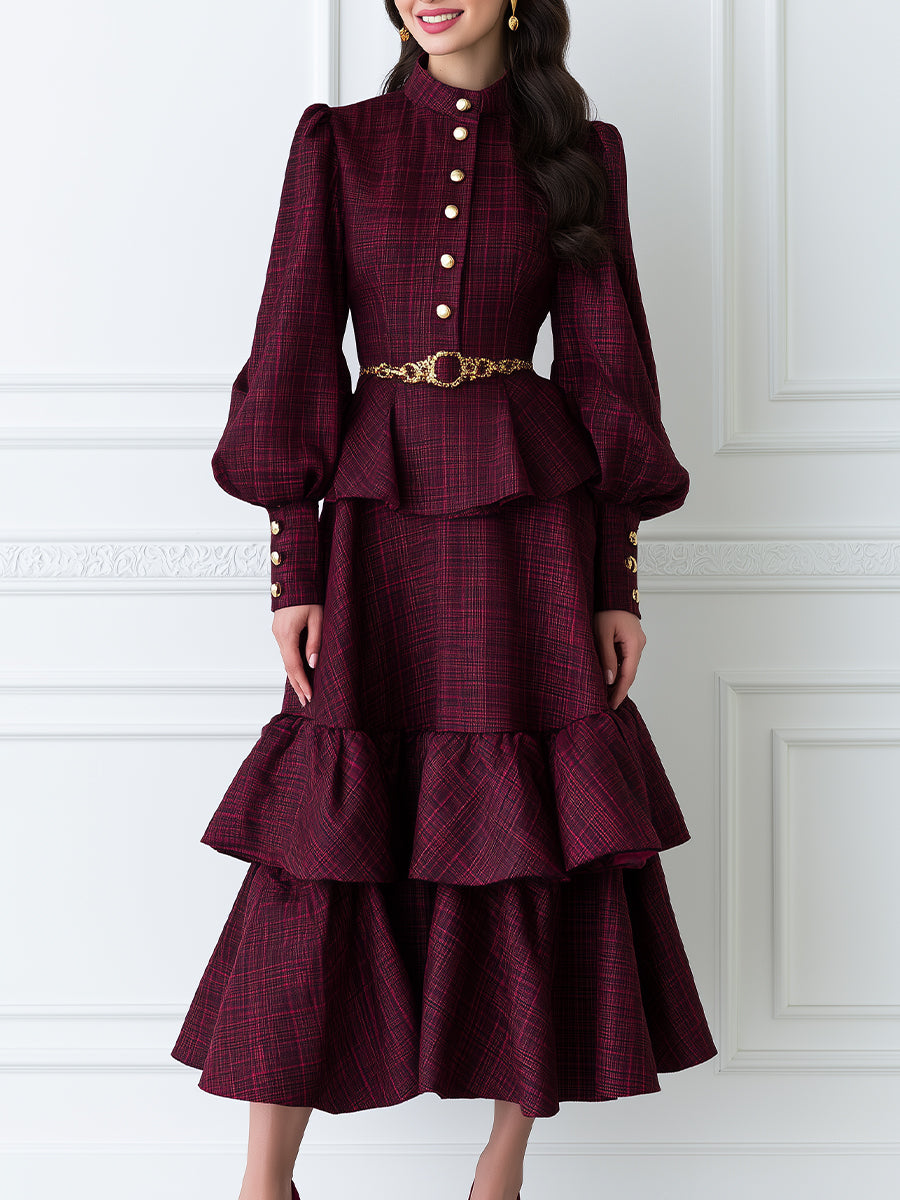 Vintage Plaid Belted Long Sleeve Maxi Dress with Tiered Ruffle Hem
