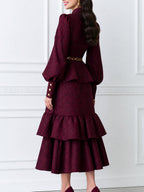 Vintage Plaid Belted Long Sleeve Maxi Dress with Tiered Ruffle Hem