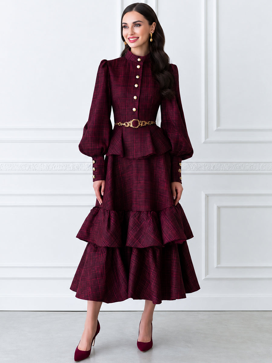Vintage Plaid Belted Long Sleeve Maxi Dress with Tiered Ruffle Hem