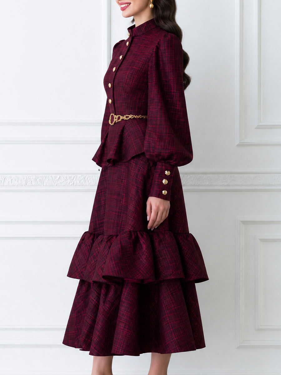Vintage Plaid Belted Long Sleeve Maxi Dress with Tiered Ruffle Hem