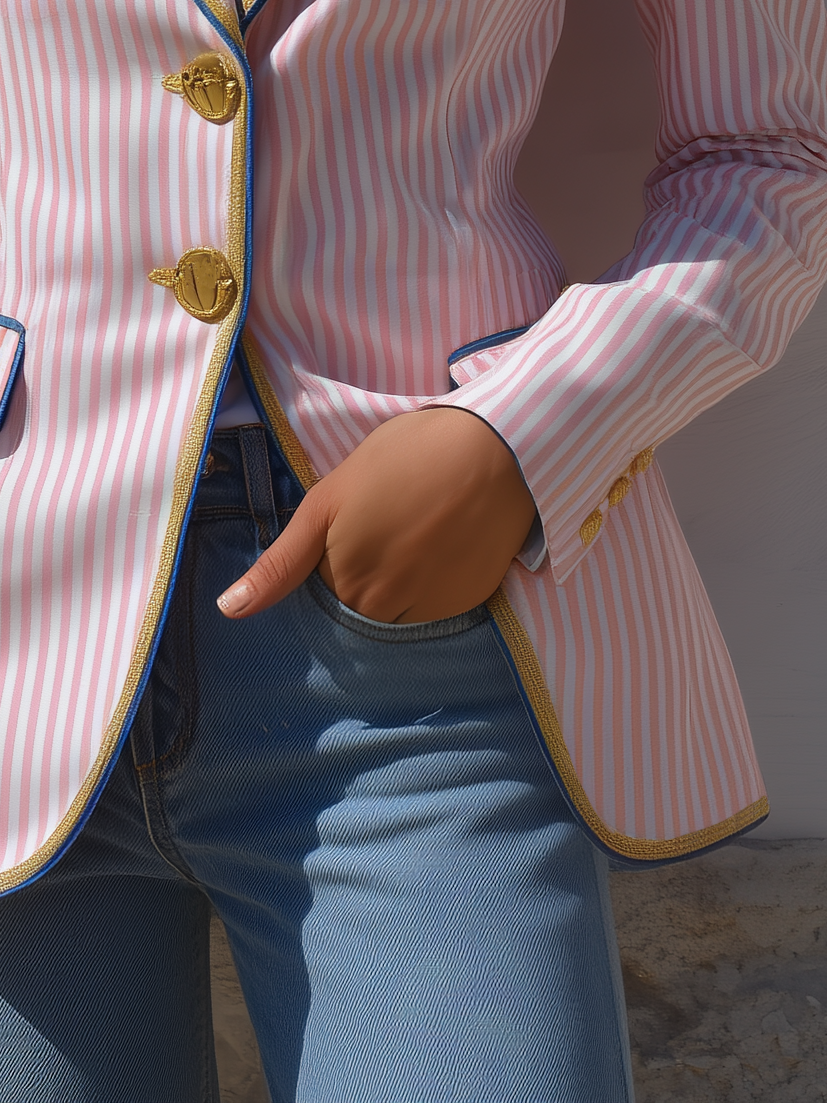 Classic Retro Striped Multi-pocket Blazer