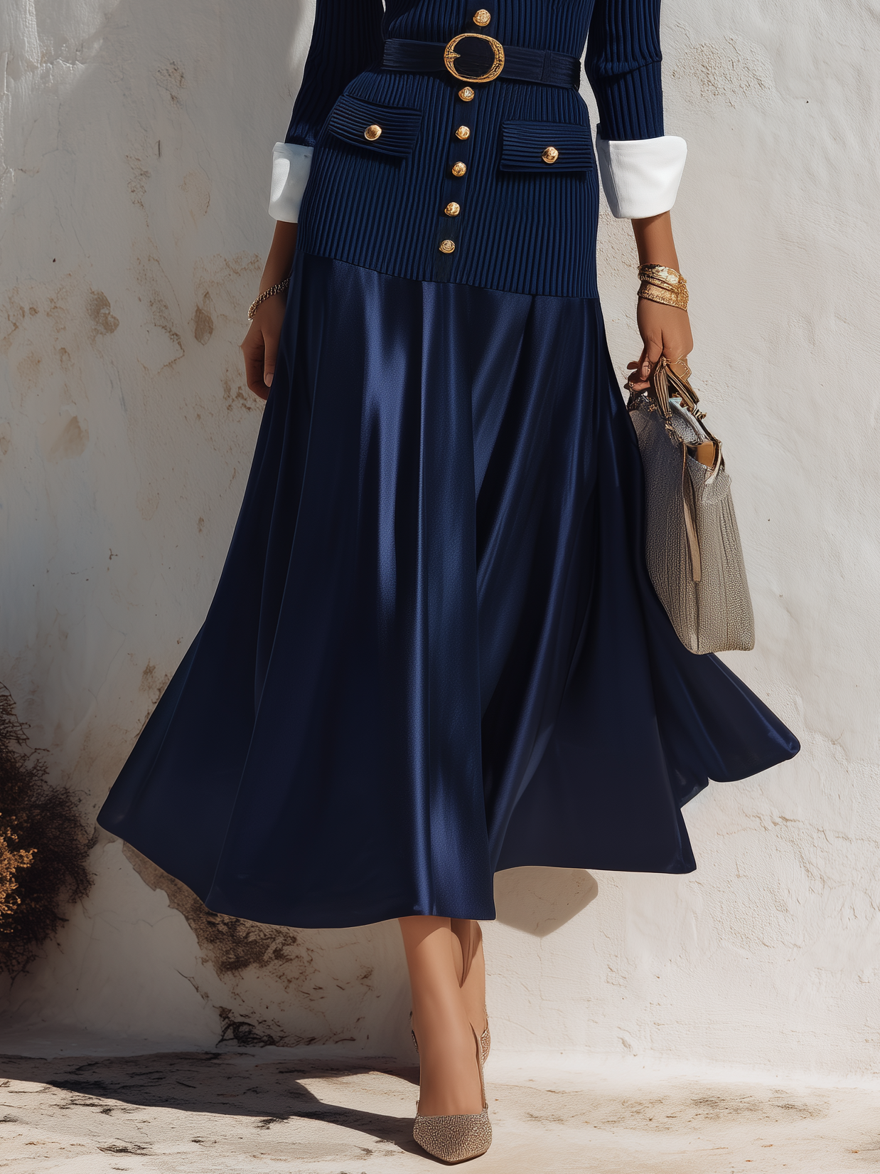 Elegant Knit And Satin Patchwork Maxi Dress
