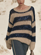 Oversized Striped Sequin Knit Sweater, Loose Long Sleeve Crew Neck Jumper