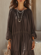 Casual Charcoal Gray Cotton And Linen Layered Long Dress