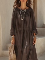 Casual Charcoal Gray Cotton And Linen Layered Long Dress