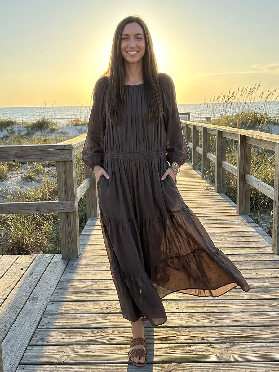 Casual Charcoal Gray Cotton And Linen Layered Long Dress