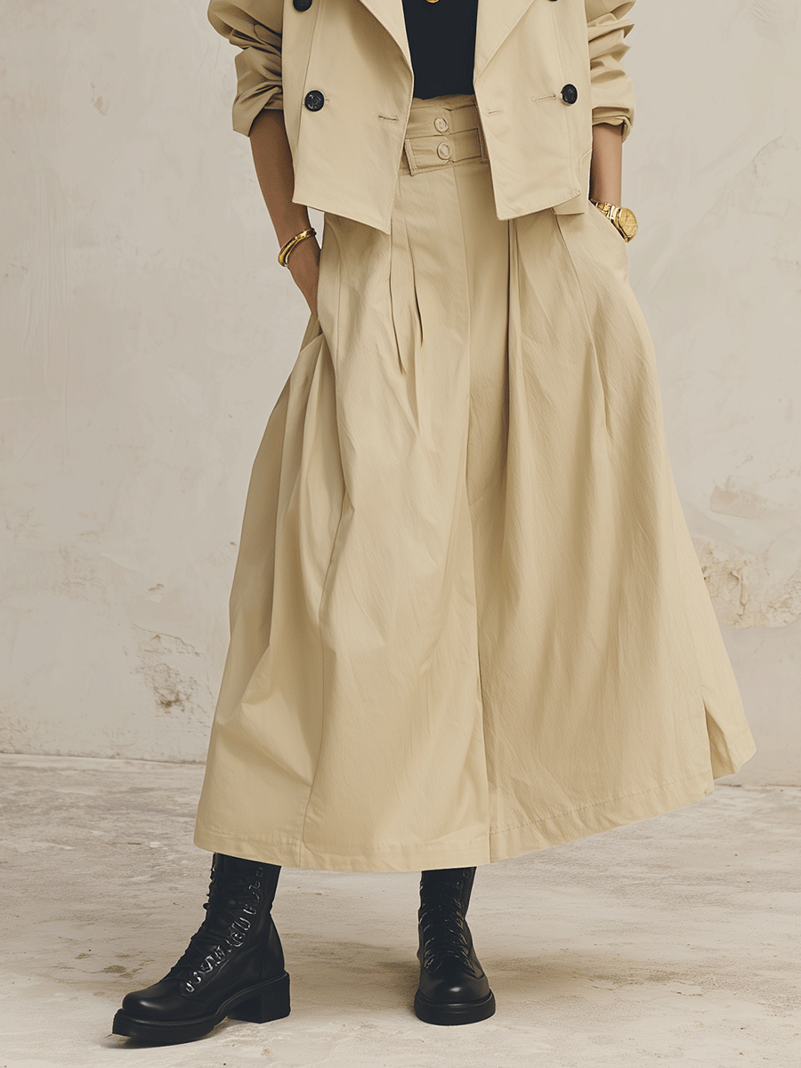 Effortless Washed Cotton Full-Fit Warm Beige Utility Maxi Skirt
