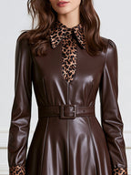 Faux Leather Leopard Print Collar Belted A-Line Midi Dress