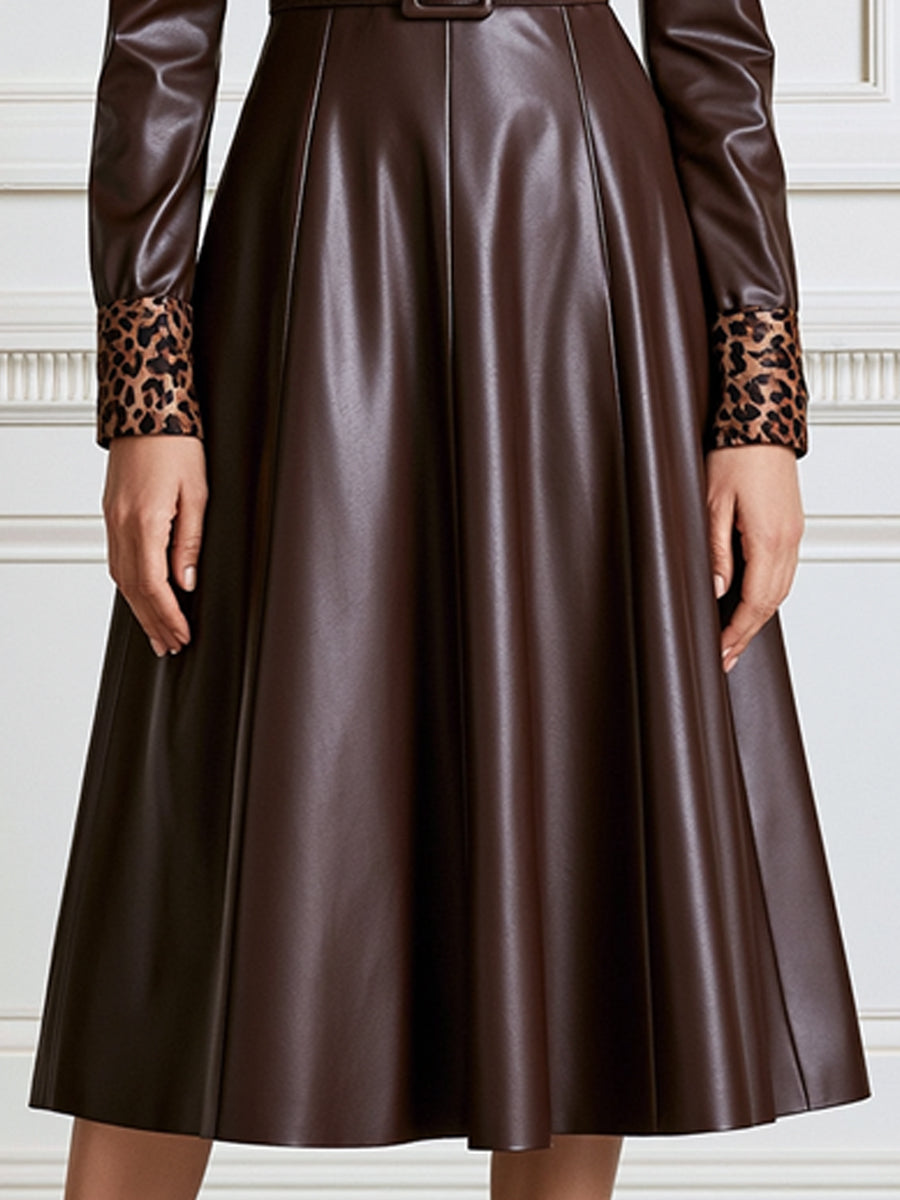Faux Leather Leopard Print Collar Belted A-Line Midi Dress
