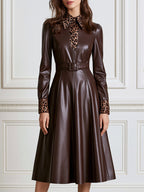 Faux Leather Leopard Print Collar Belted A-Line Midi Dress