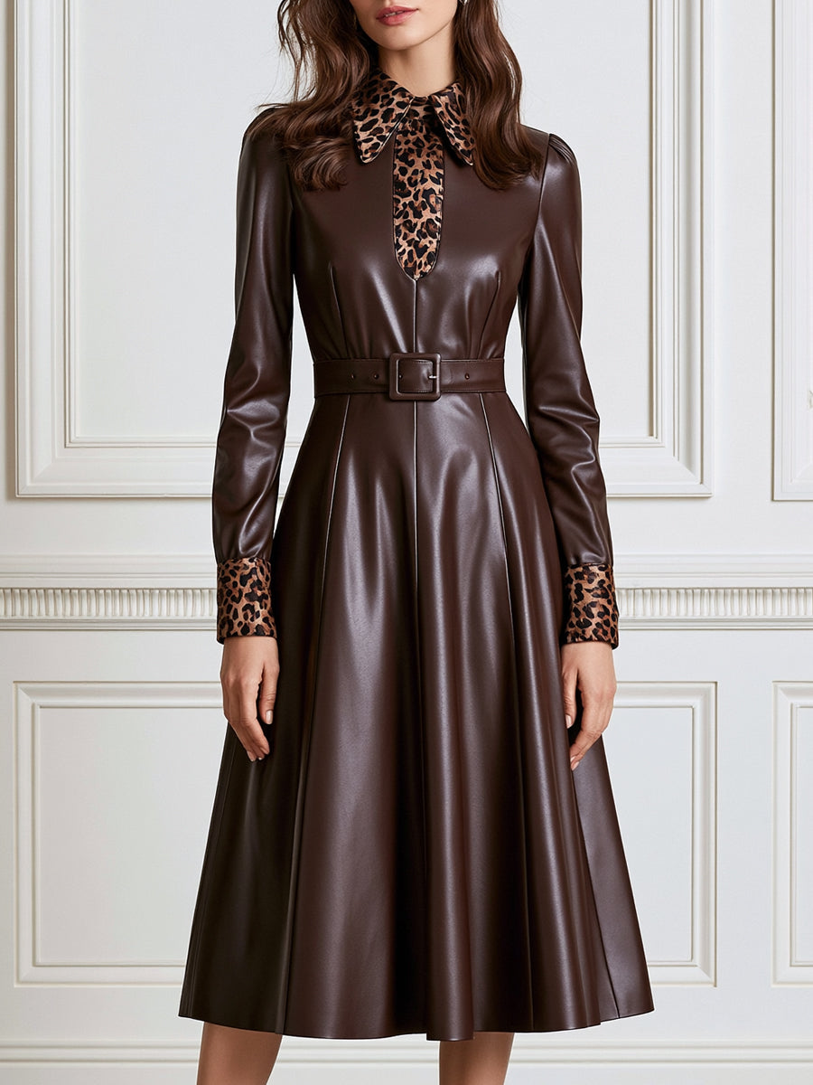 Faux Leather Leopard Print Collar Belted A-Line Midi Dress