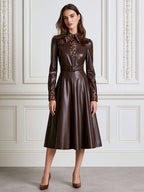 Faux Leather Leopard Print Collar Belted A-Line Midi Dress