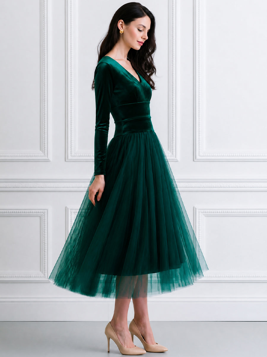 Velvet Bodice Tulle A-Line Midi Dress