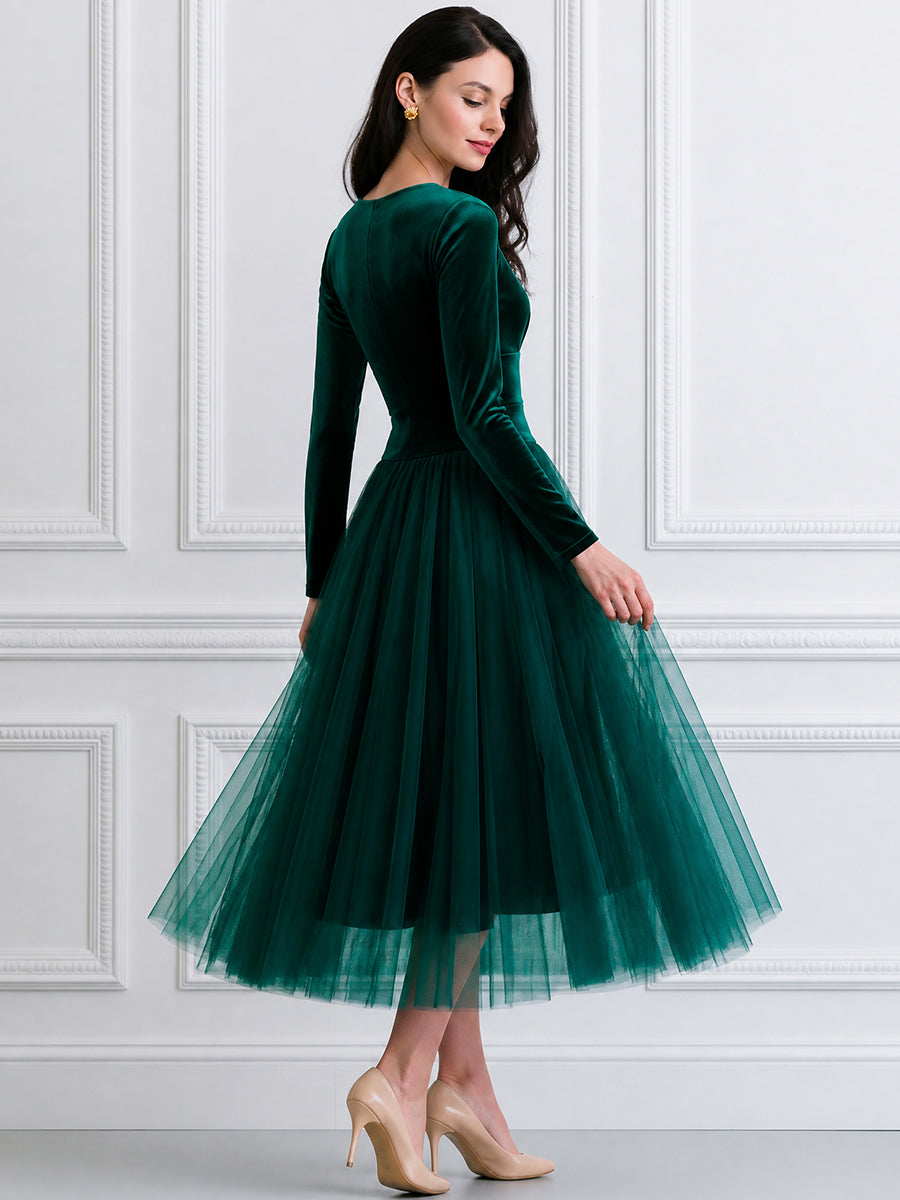 Velvet Bodice Tulle A-Line Midi Dress