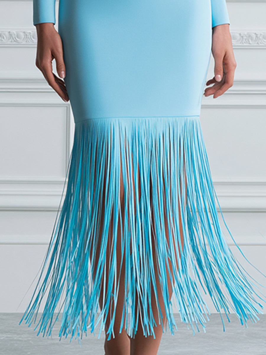 Boat Neck Long Sleeve Fringe Hem Midi Bodycon Evening Dress