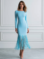Boat Neck Long Sleeve Fringe Hem Midi Bodycon Evening Dress