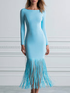 Boat Neck Long Sleeve Fringe Hem Midi Bodycon Evening Dress