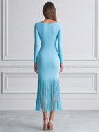 Boat Neck Long Sleeve Fringe Hem Midi Bodycon Evening Dress