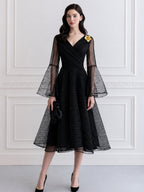 Gold Floral Appliqué Sheer-Stripe Midi Dress