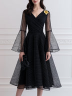 Gold Floral Appliqué Sheer-Stripe Midi Dress