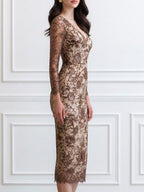 Elegant V-Neck Floral Lace Long Sleeve Bodycon Midi Dress