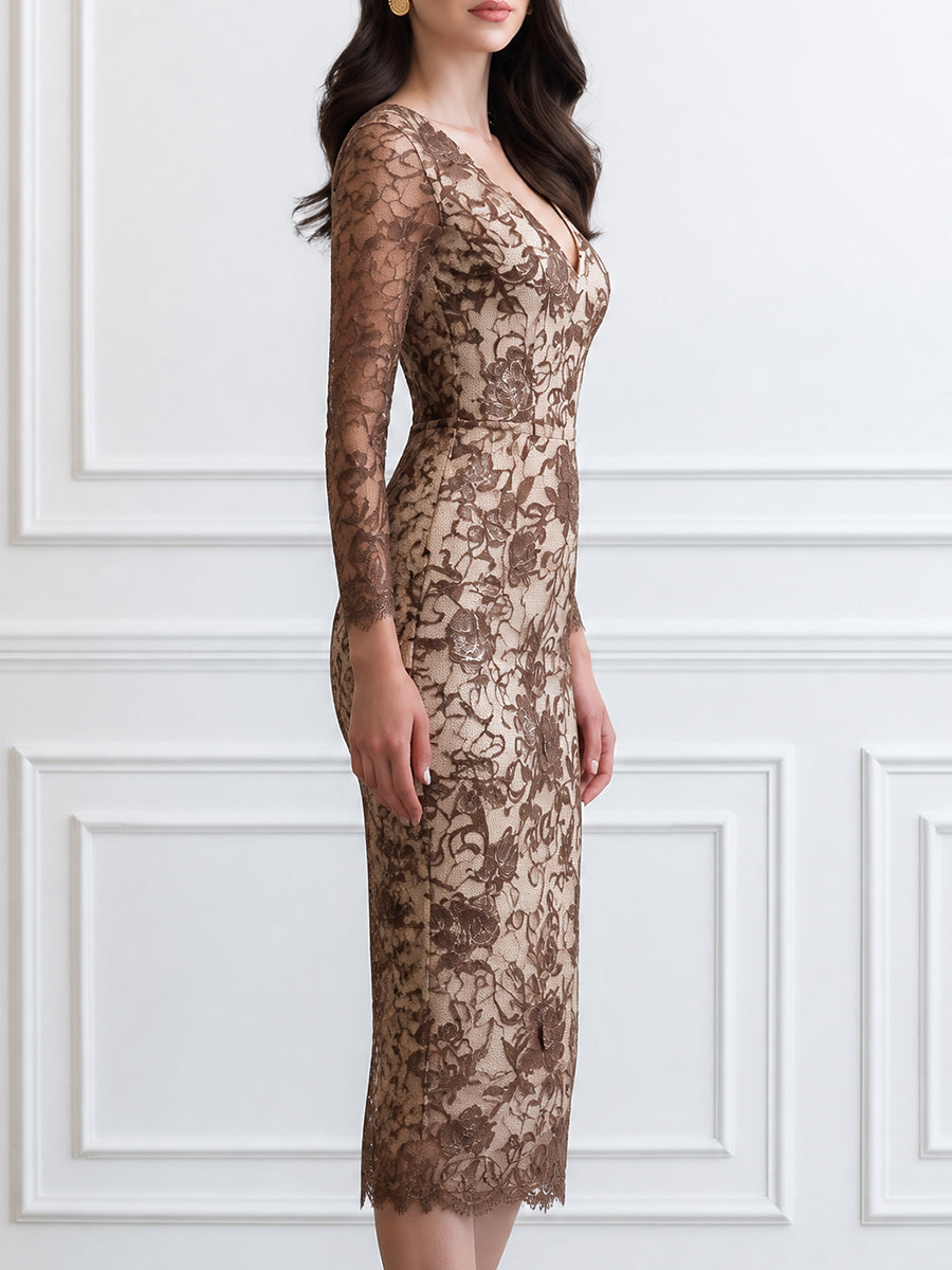 Elegant V-Neck Floral Lace Long Sleeve Bodycon Midi Dress