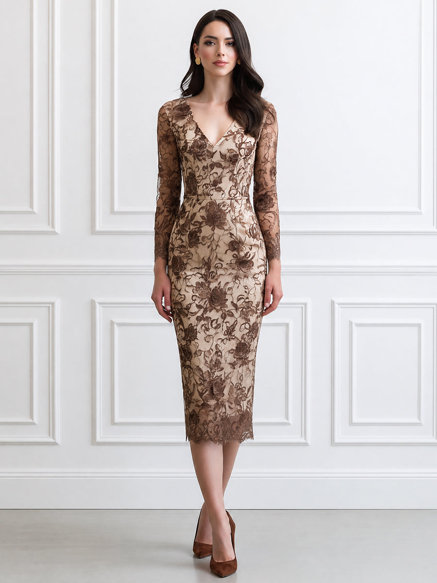 Elegant V-Neck Floral Lace Long Sleeve Bodycon Midi Dress