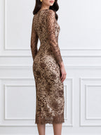 Elegant V-Neck Floral Lace Long Sleeve Bodycon Midi Dress