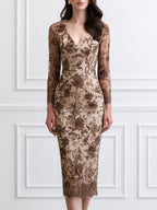 Elegant V-Neck Floral Lace Long Sleeve Bodycon Midi Dress