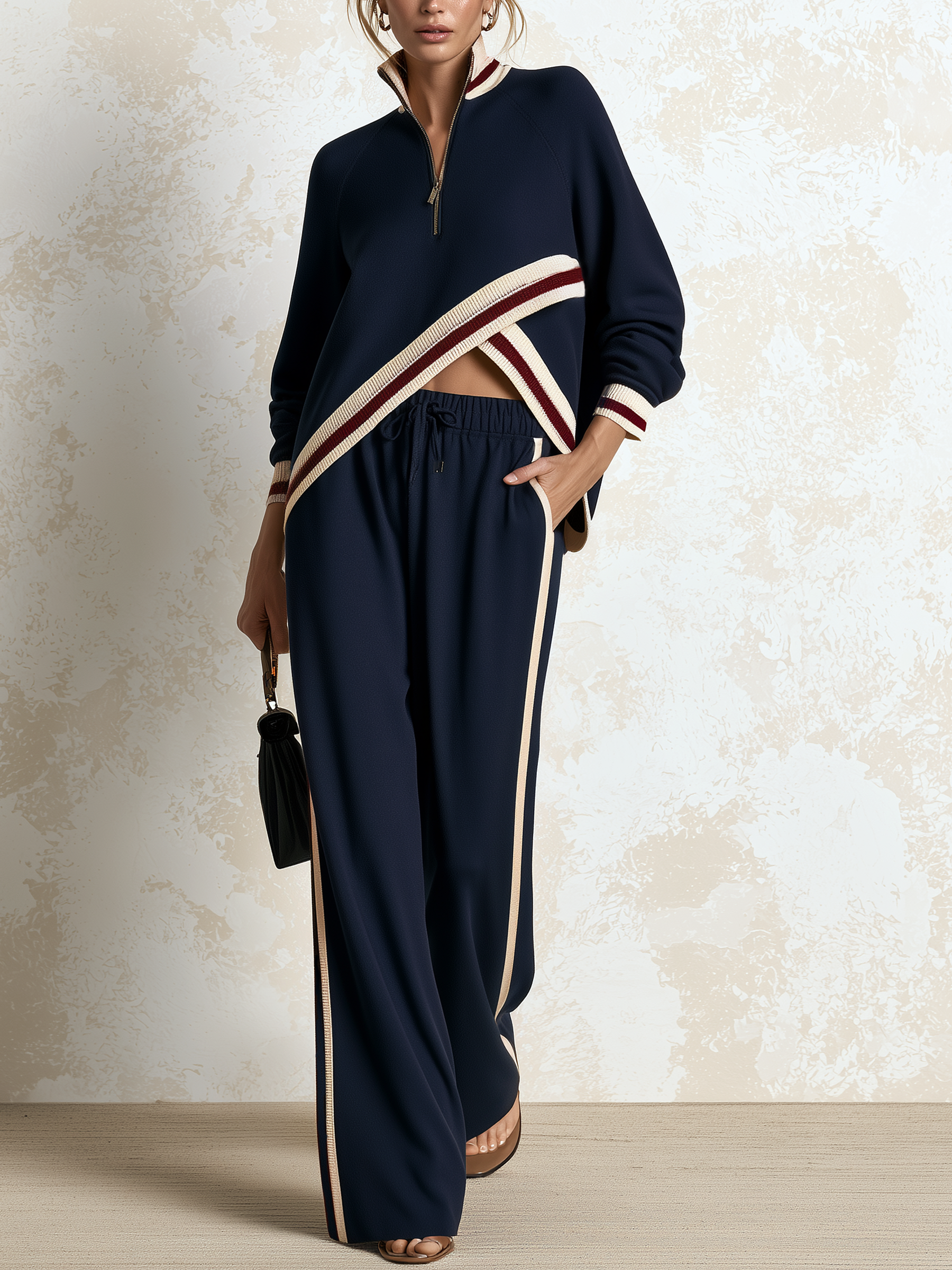 Navy Contrast Stripe Half‑Zip Air Layer Two‑Piece Tracksuit Set