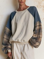 Mixed‑Fabric Raglan Sleeve Patchwork Crew Neck Sweatshirt