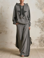 Grey Star Patch Hoodie & Side Stripe Wide Leg Pants Tracksuit 2 Piece Set