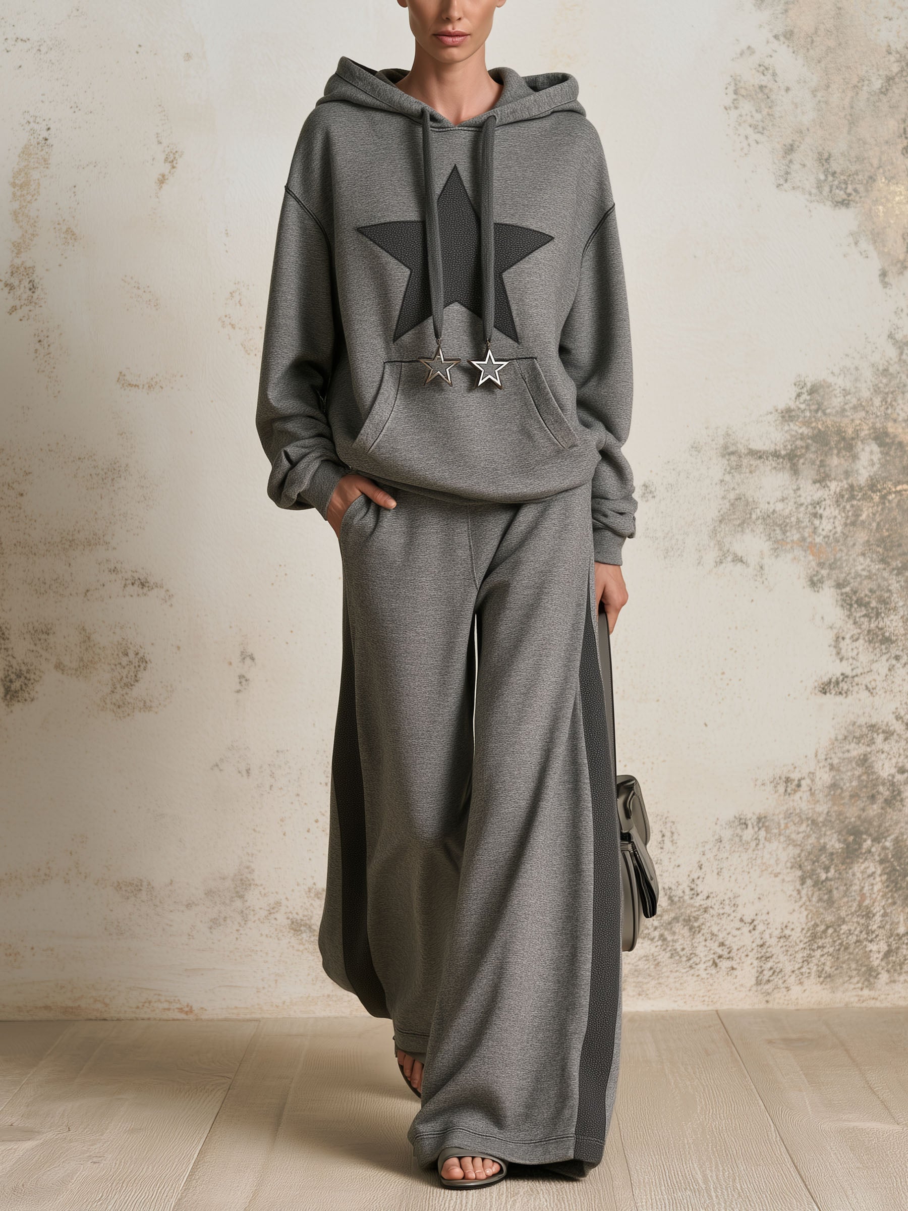 Grey Star Patch Hoodie & Side Stripe Wide Leg Pants Tracksuit 2 Piece Set