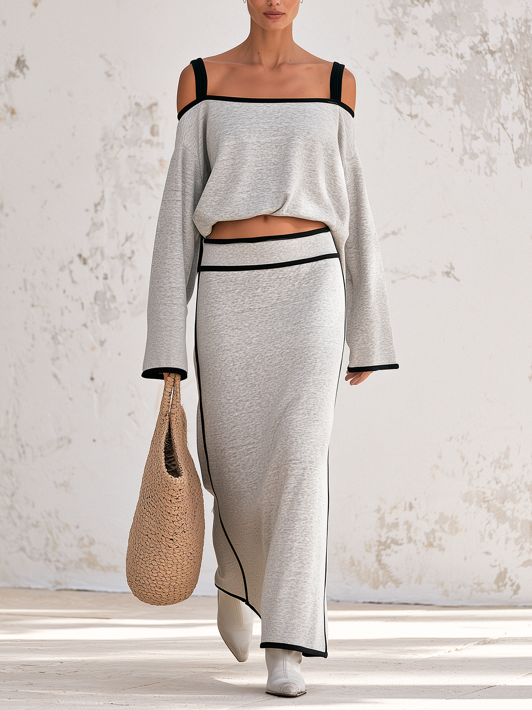 Heather Grey Contrast Black Piping Off Shoulder Sweatshirt Two Piece Set, Long Sleeve Crop Top & Midi Skirt Co-ord