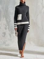 Women’s Black & Cream Ribbed Knit 2-Piece Set – Turtleneck Sweater & Midi Skirt